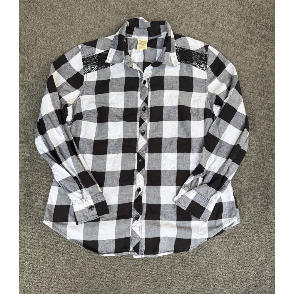 Faded Glory Womens Black White Buffalo Plaid Lace Flannel Shirt Small 4-6